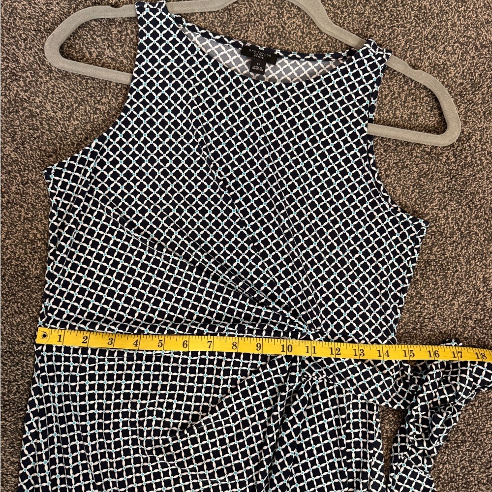 Ann Taylor Factory Blue White Geometric Pattern Sleeveless Faux Wrap Dress Sz SP - Picture 10 of 12